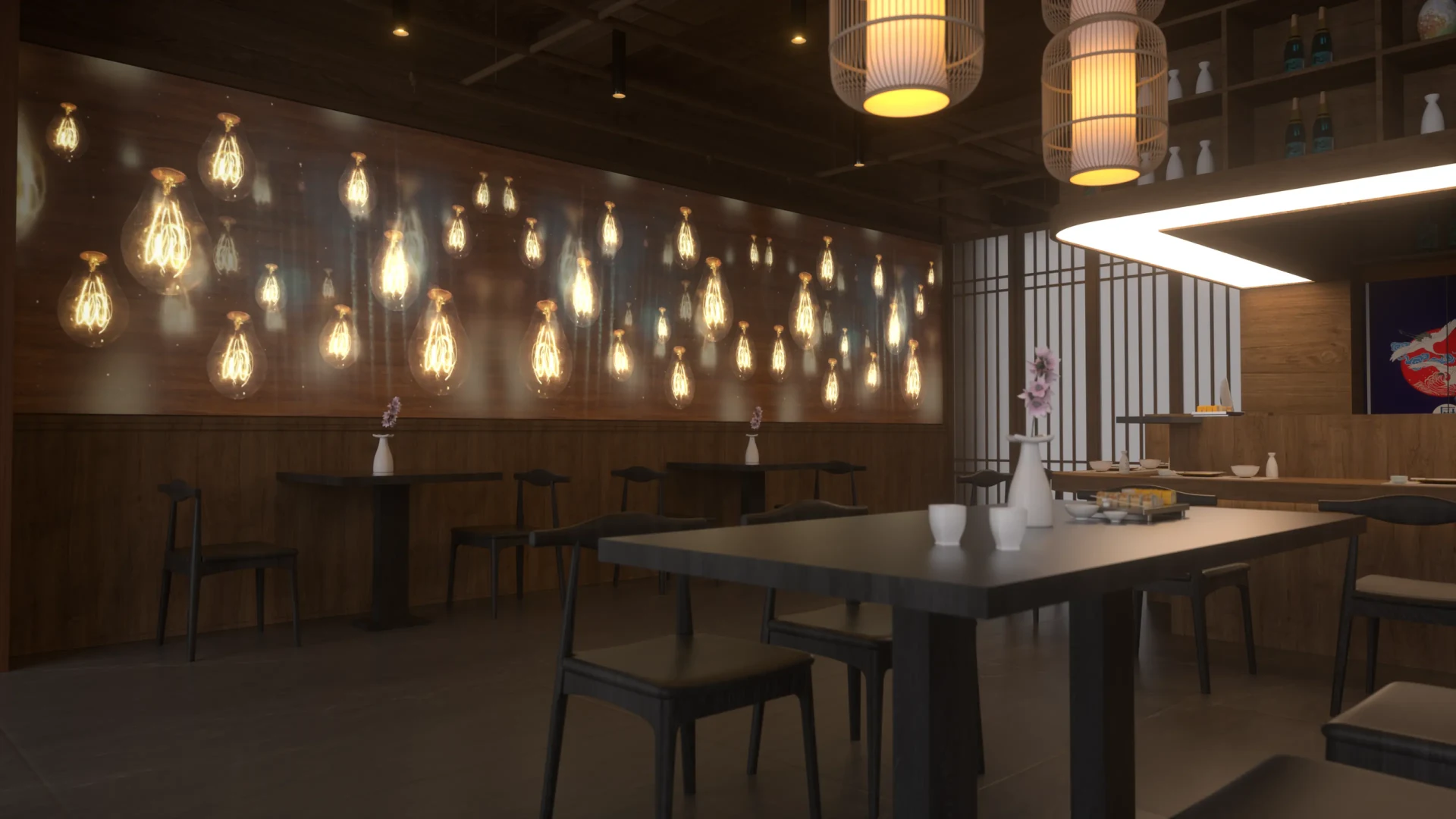 日式餐廳 ─ 全幅幕牆亮屏，pendant lamps 滿牆藝術畫面